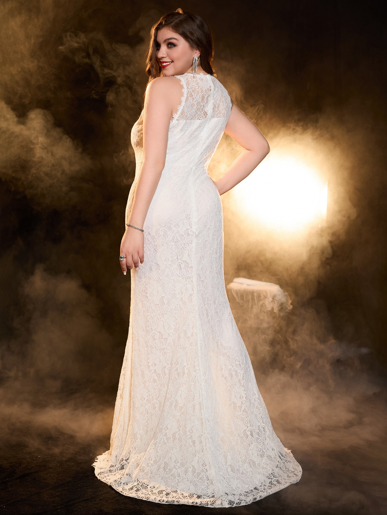 High Neck Lace Court Train Wedding Dress