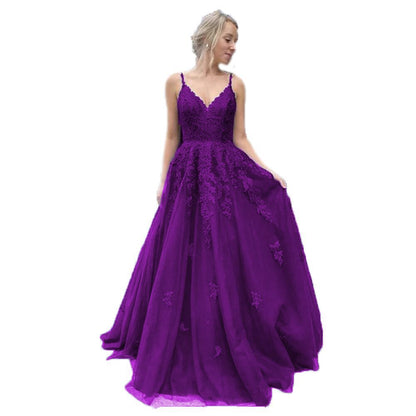 V-neck Tulle Ball Gown Prom Dress With Appliques