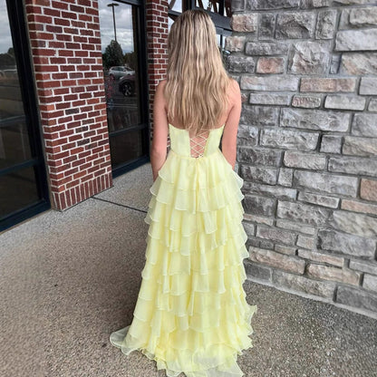 Chiffon Strapless Ruffle Tiered Ball Gown Prom Dress