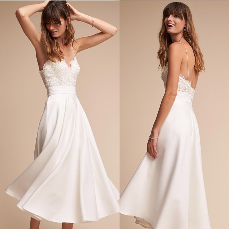 V Neck Sleeveless A Line Short Wedding Dress