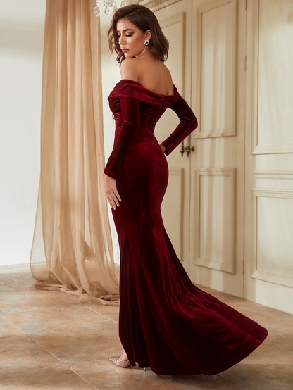 Off-The-Shoulder Velvet Sweep Train Prom Dress