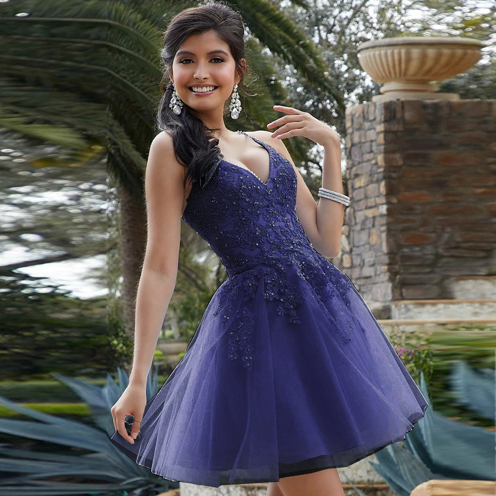 Applique V-neck Sleeveless Mini Dress