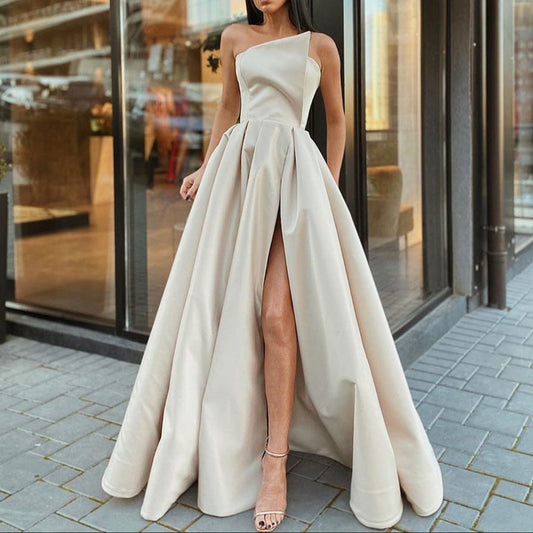 Satin One Shoulder Ruched Ball Gown Prom Dress