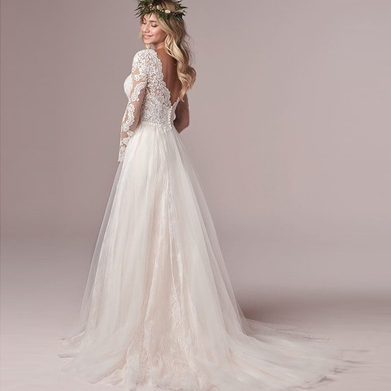 V-Neck Long Sleeves Simple Wedding Dress With Train