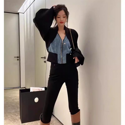 Patchwork Zipper Denim Outerwear Jacket