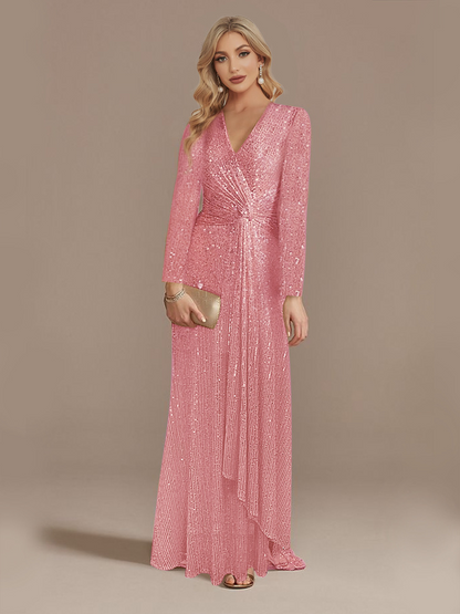 Long Sleeve V Neck Sequined Evening Dress