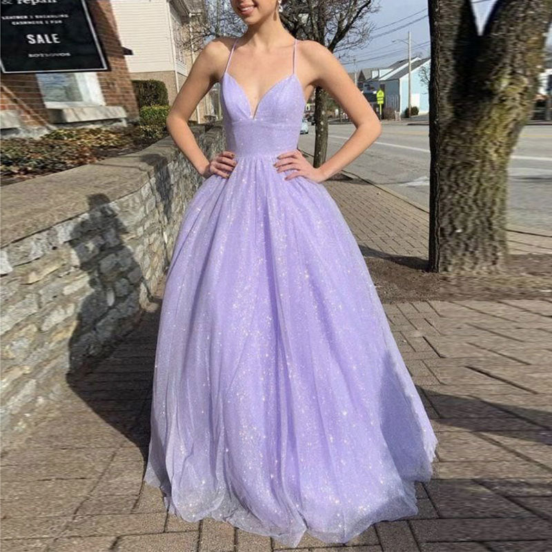 V-neck Tulle Floor-length Ball Gown Prom Dress