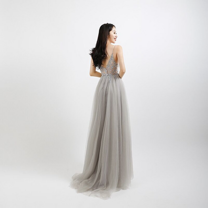 A-Line Tulle Sequin Straps Sleeveless Sweep Train Dress