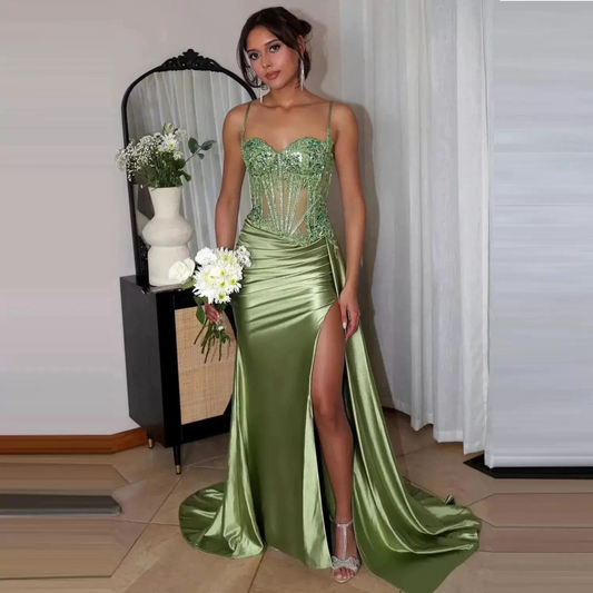 Column Ruched Spaghetti Straps Slit Brush Train Dress