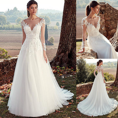 A Line V Neck Long Sleeve Wedding Dress