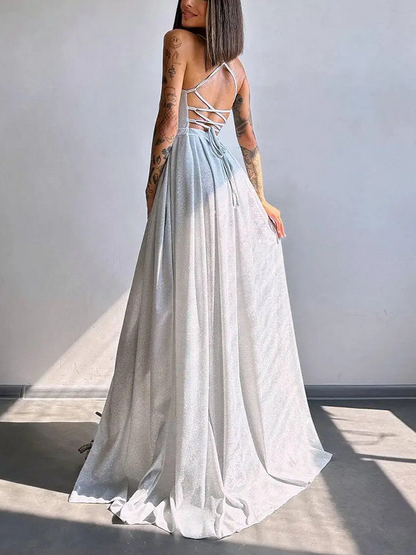 Princess Spaghetti Straps Sleeveless Slit Brush Train Dress