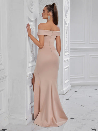 Off-the-shoulder Satin Sweep Train Split Front Bridesmaid Dress