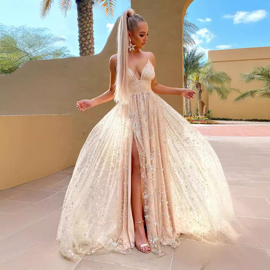 A-line V-neck Lace Sparkly Prom Dresses With Star