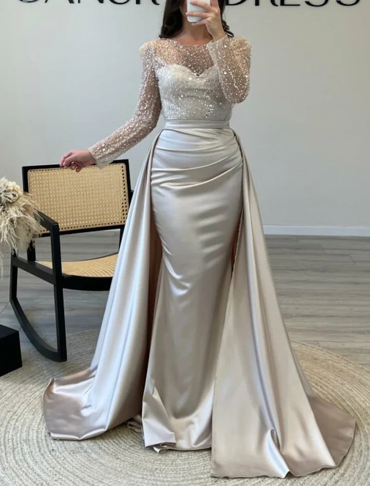 A-Line Long Sleeves Sweep Train Sequined Evening Dress