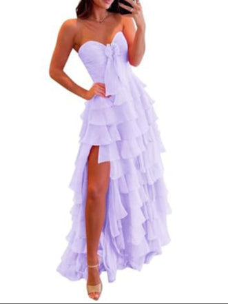 Chiffon Strapless Ruffle Tiered Ball Gown Prom Dress