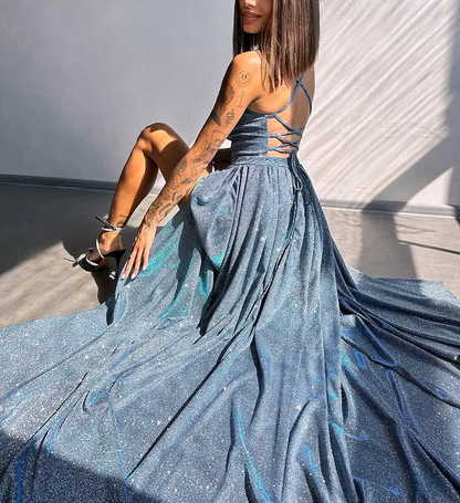 Princess Spaghetti Straps Sleeveless Slit Brush Train Dress