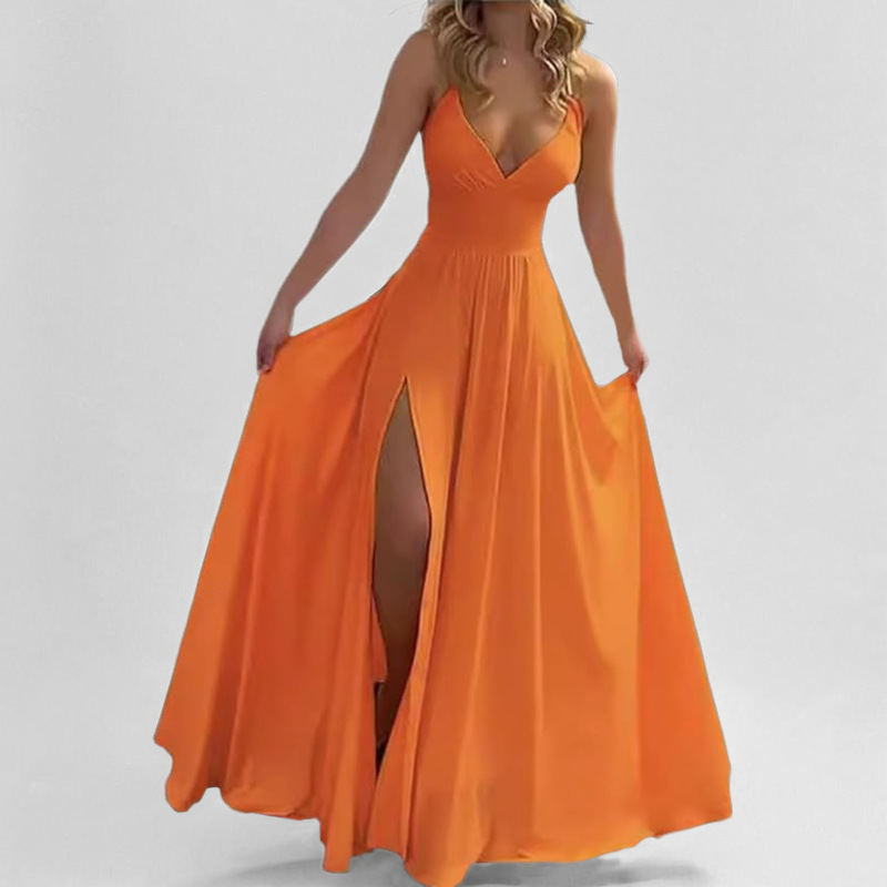 A-Line Ruched V-neck Sleeveless Slit Brush Train Dress