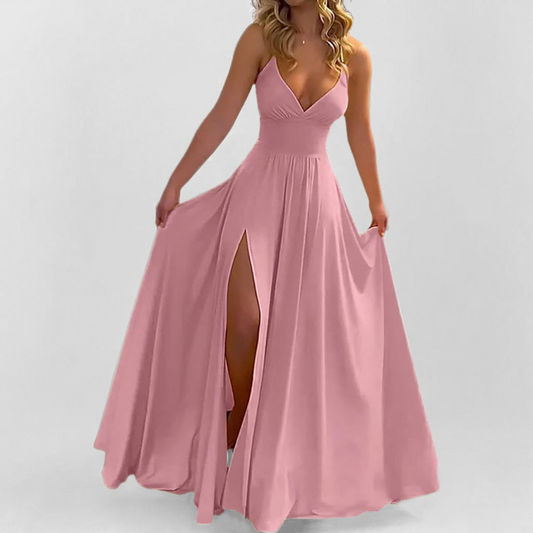 A-Line Ruched V-neck Sleeveless Slit Brush Train Dress