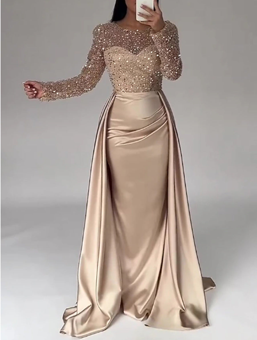 A-Line Long Sleeves Sweep Train Sequined Evening Dress