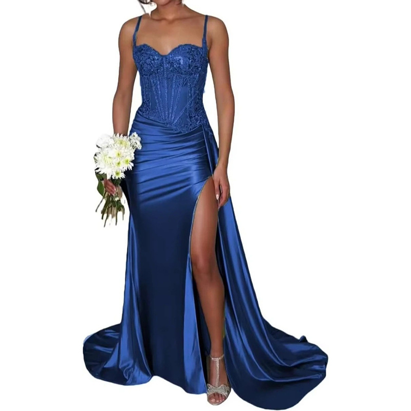 Column Ruched Spaghetti Straps Slit Brush Train Dress