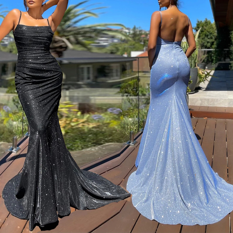 Column Ruched Spaghetti Straps Sleeveless Sweep Train Dress