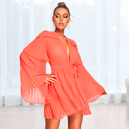 Orange Red Pleated Mini Dress
