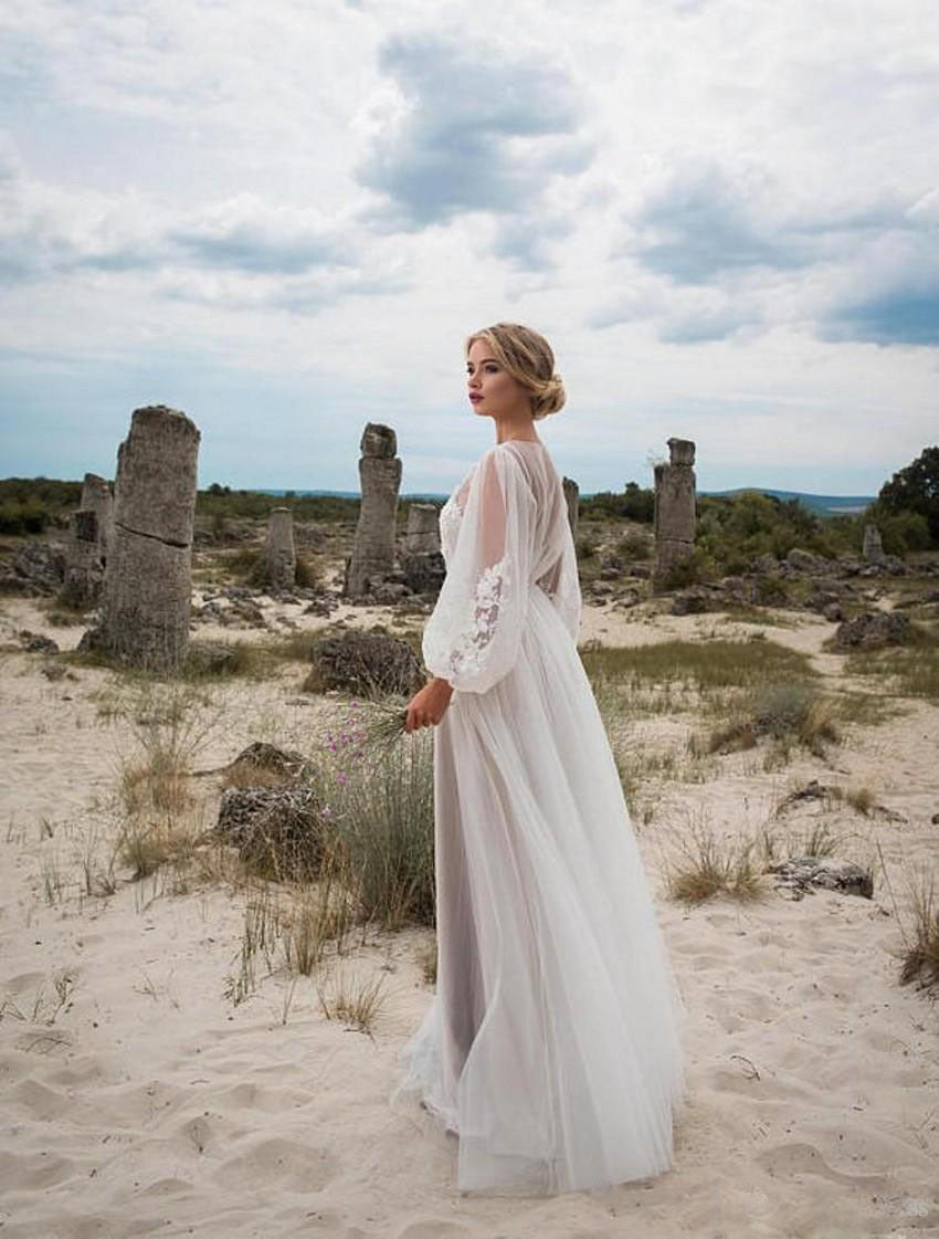 White Round Neck Puff Sleeves Mesh Embroidered Wedding Dress
