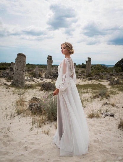 White Round Neck Puff Sleeves Mesh Embroidered Wedding Dress