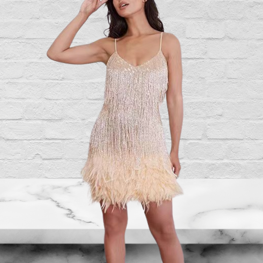 Spaghetti Straps Tassel Feather Hem Mini Party Dress