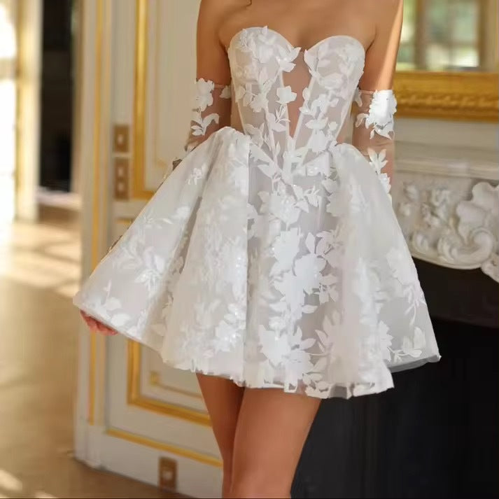 Sweetheart Neck Lace Half Sleeves Mini Wedding Dress