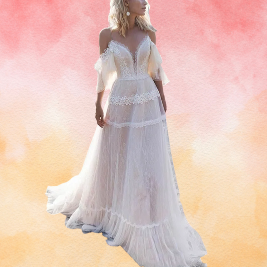 A-line V-neck Lace Tulle Sweep Train Wedding Dress