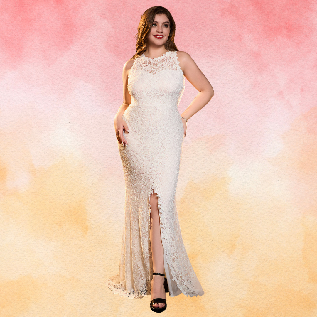 High Neck Lace Court Train Wedding Dress