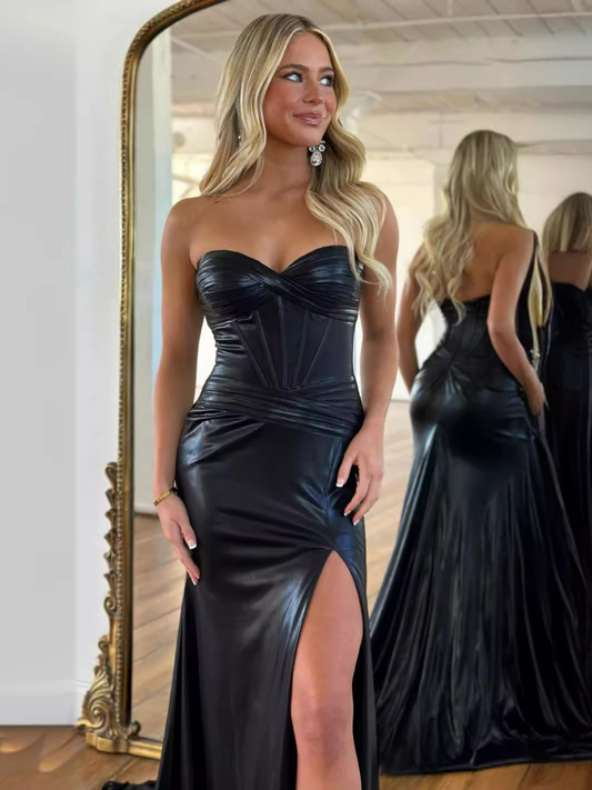Metallic Strapless Ruched Prom Dress