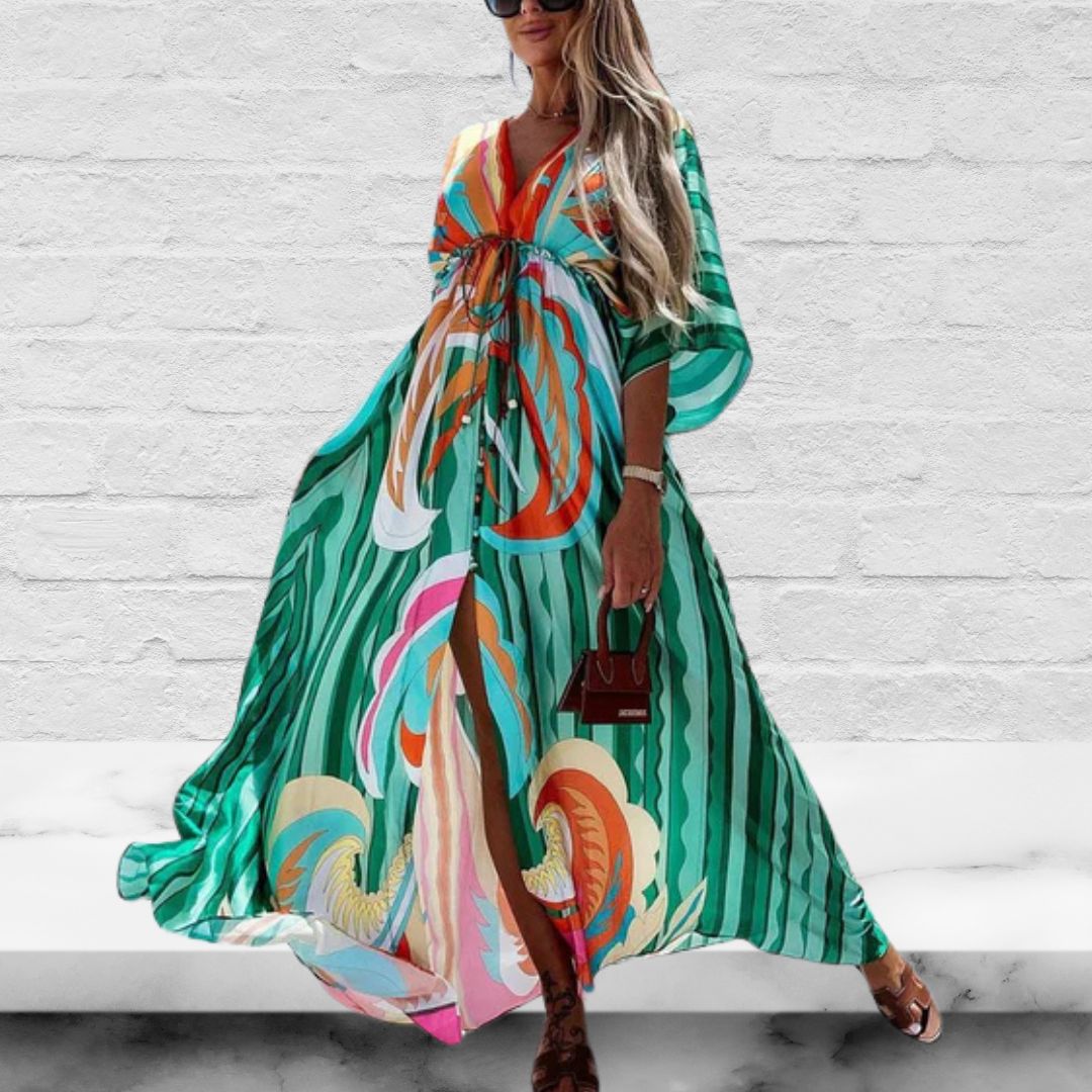V-Neck Batwing Bohemian Printed Long Beach Cover-Up Dress