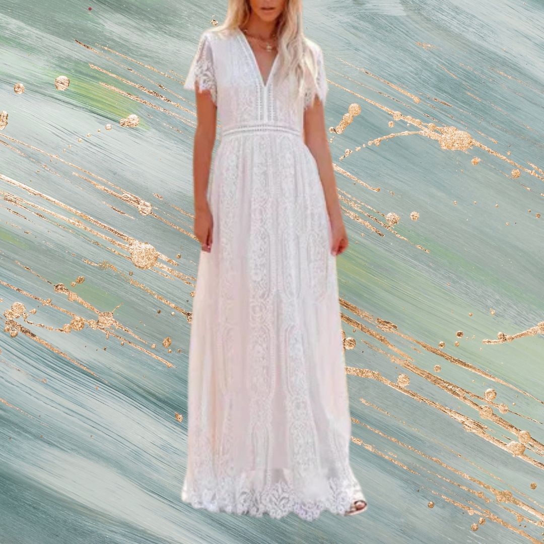 V-Neck Half Sleeves Lace Bohemian Floor Length Maxi Dress