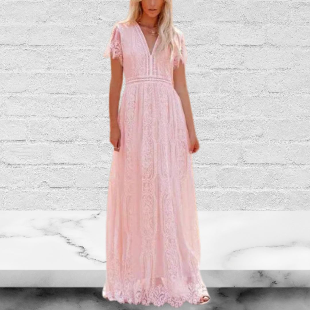 V-Neck Half Sleeves Lace Bohemian Floor Length Maxi Dress