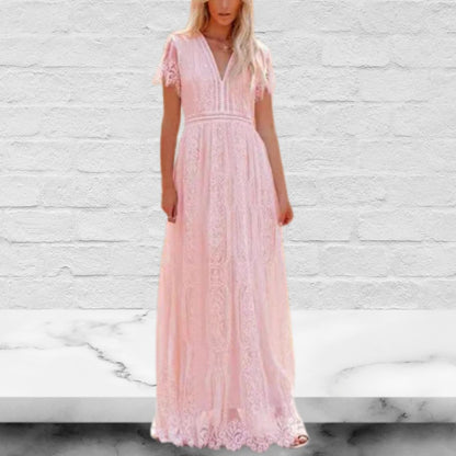 V-Neck Half Sleeves Lace Bohemian Floor Length Maxi Dress