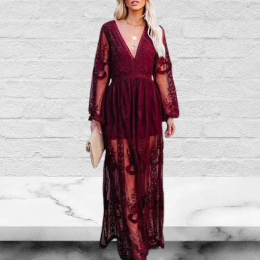 V-Neck Half Sleeves Lace Bohemian Maxi Dress