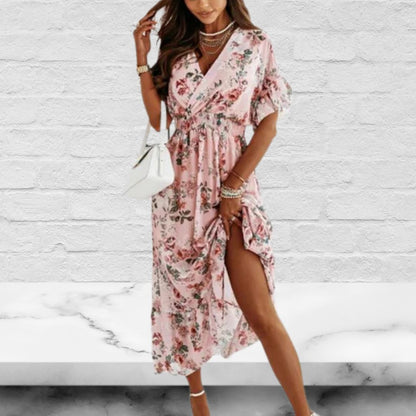 V-Neck Short Sleeves Floral Print Pleated Layered Casual Maxi Dress