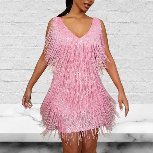 V Neck Sleeveless Tassel Fringe Mini Dress