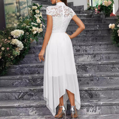 White High Collar Chiffon Lace Midi Wedding Dress