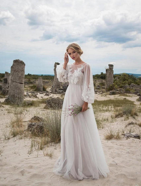 White Round Neck Puff Sleeves Mesh Embroidered Wedding Dress