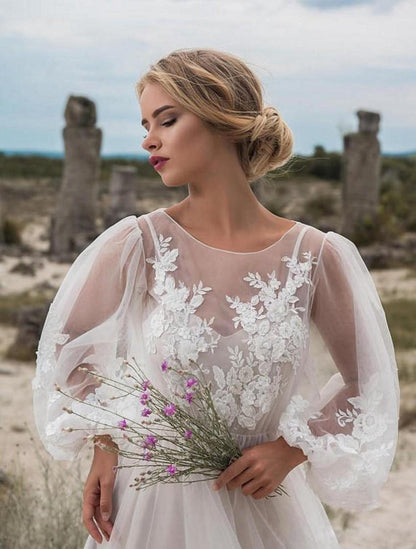 White Round Neck Puff Sleeves Mesh Embroidered Wedding Dress