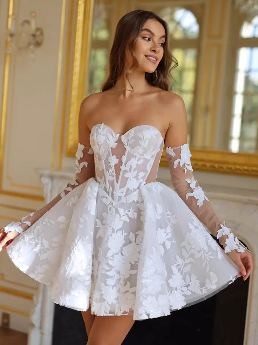 Sweetheart Neck Lace Half Sleeves Mini Wedding Dress