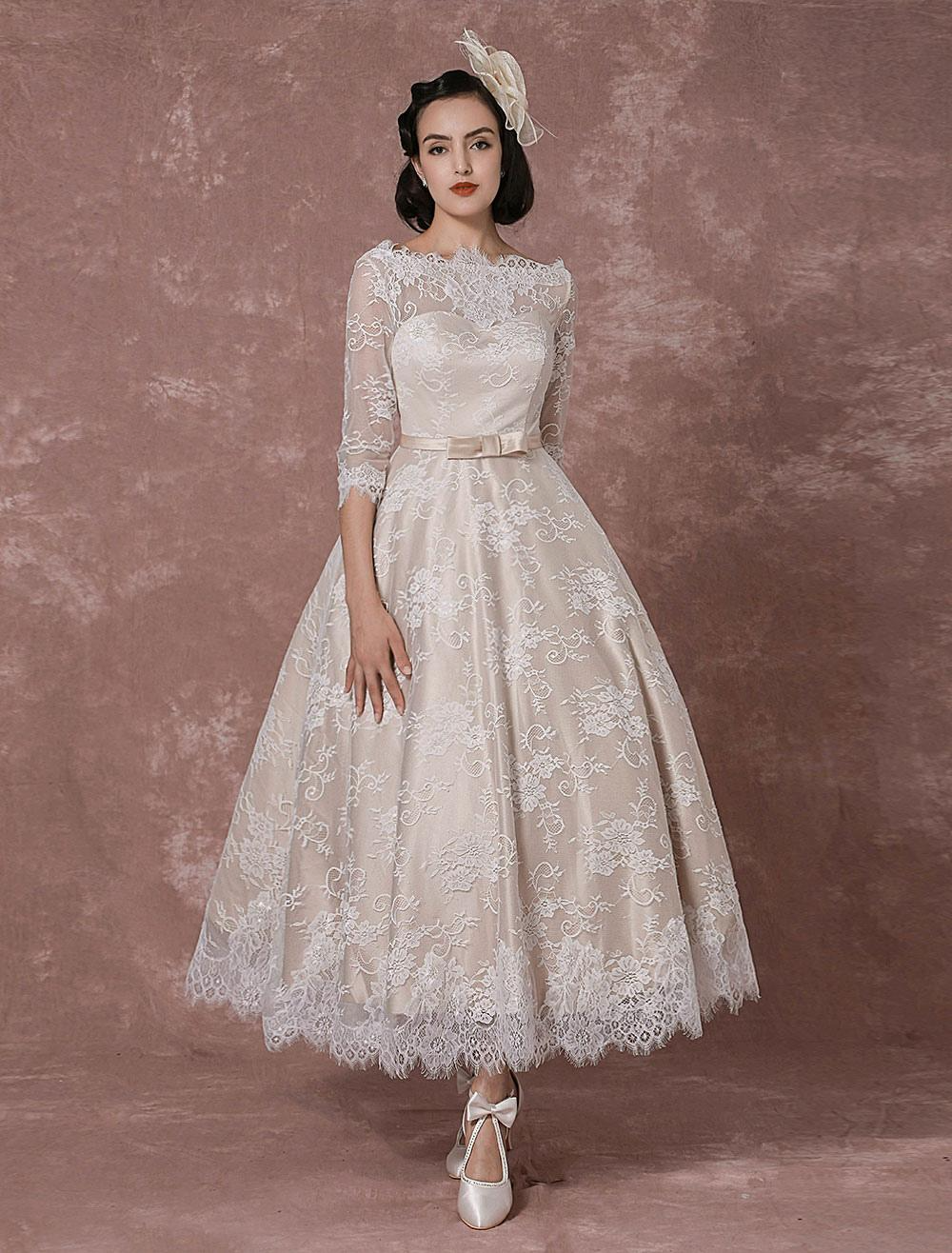 Half Sleeves A Line Backless Lace Wedding Dress