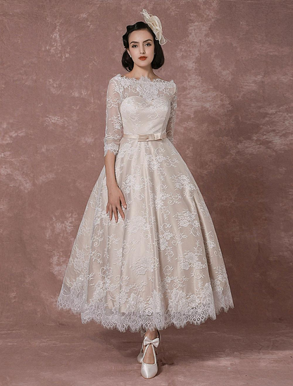 Half Sleeves A Line Backless Lace Wedding Dress