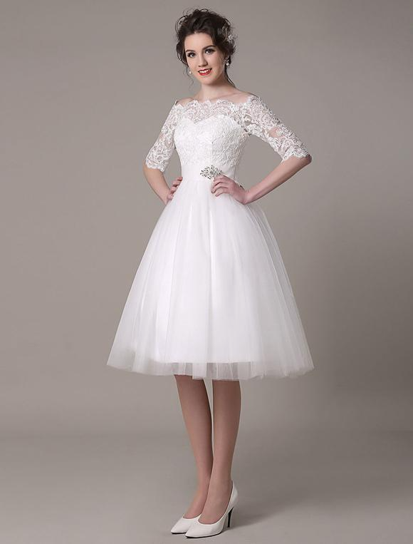 Off-The-Shoulder A-Line Knee Length Wedding Dress