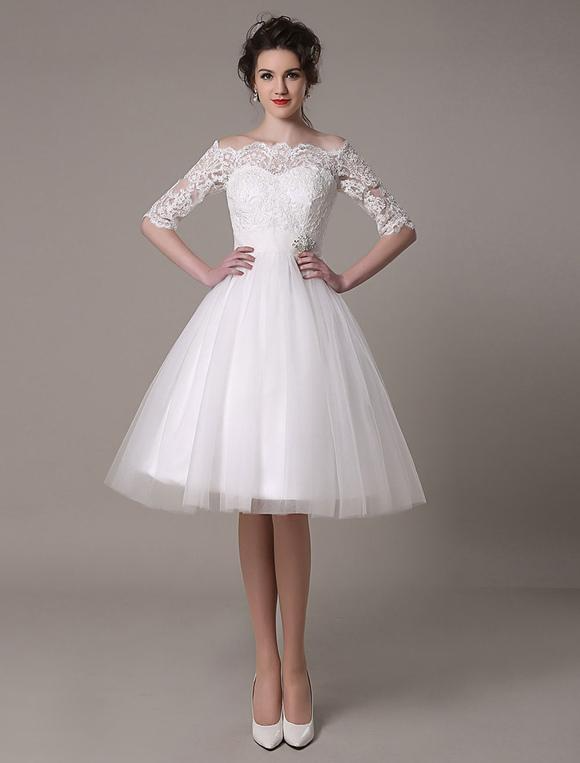 Off-The-Shoulder A-Line Knee Length Wedding Dress