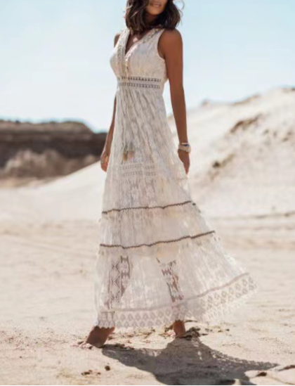 Deep V-Neck Lace Embroidered Hollow Maxi Dress