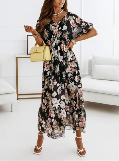 V-Neck Short Sleeves Floral Print Pleated Layered Casual Maxi Dress